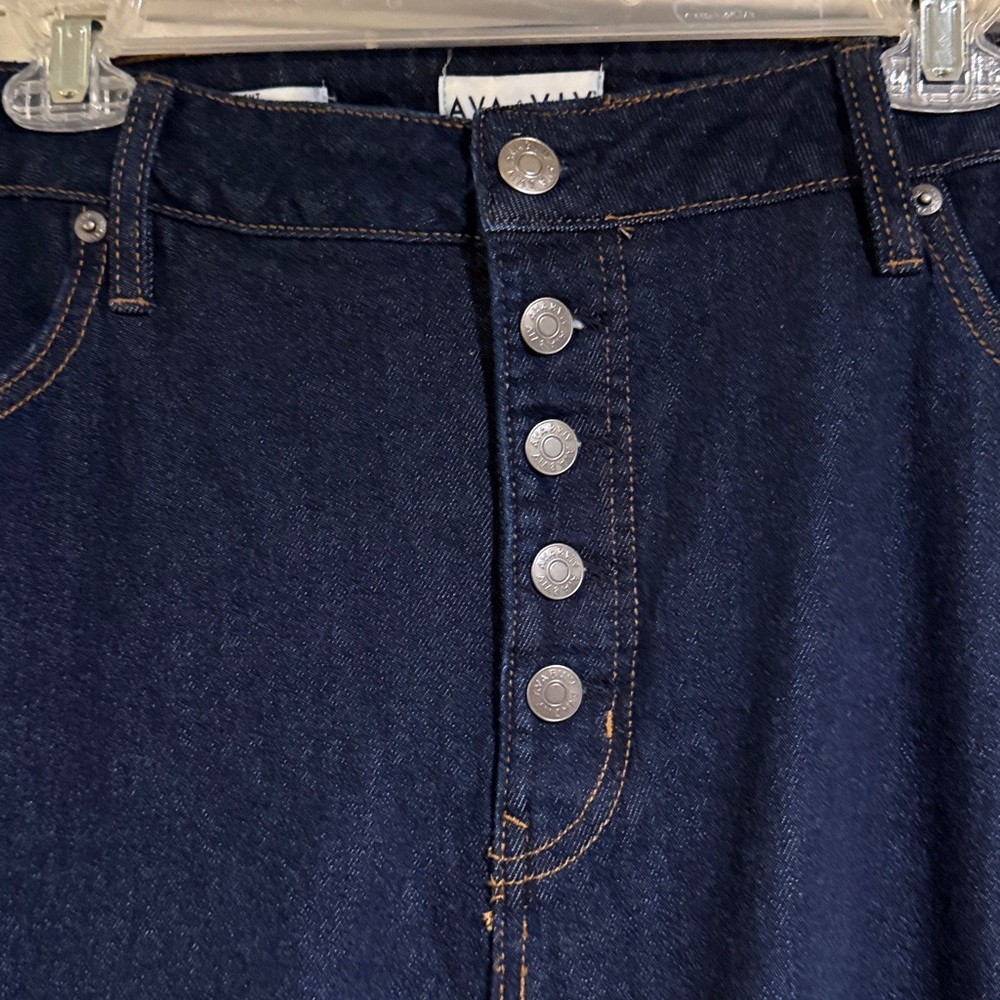 Dark Blue Straight Wide-Leg Jeans with Frayed Hem - Picture 2 of 9